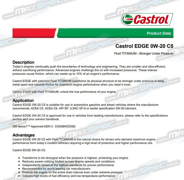 Castrol Edge 0W-20 C5 (1L) Engine Oil - All MK4 (15-Pres)